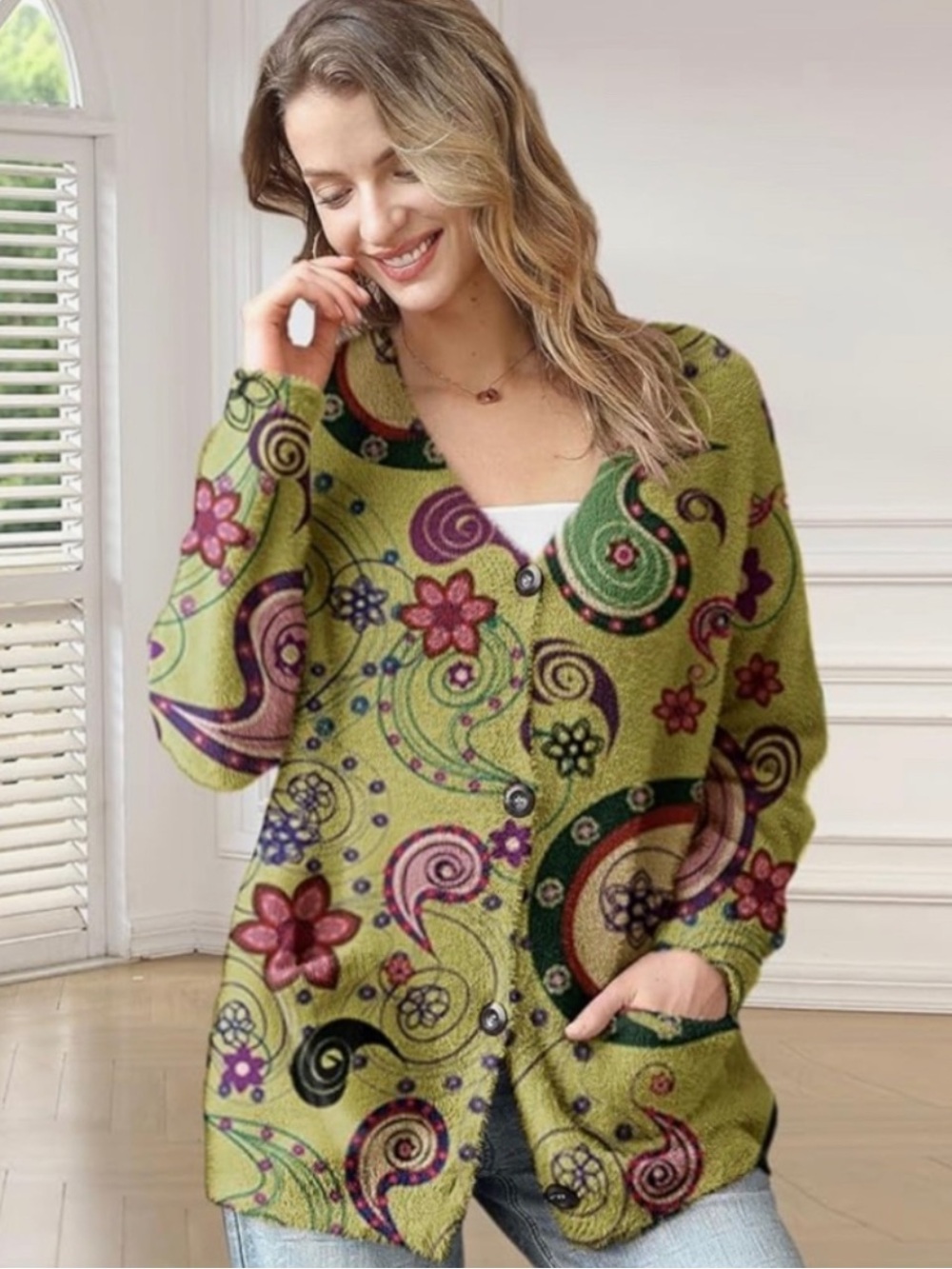 Yesno Women Cardigan Green Paisley Wool graphic sweater Shabby chic Festival